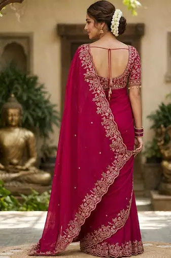 Magenta woven design zari satin fusion saree