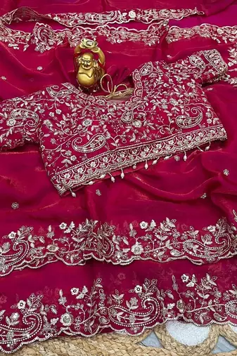 Magenta woven design zari satin fusion saree