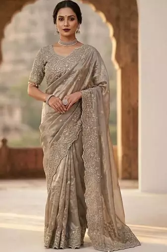 Grey paisley embroidered satin fusion saree