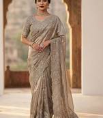 Grey paisley embroidered satin fusion saree