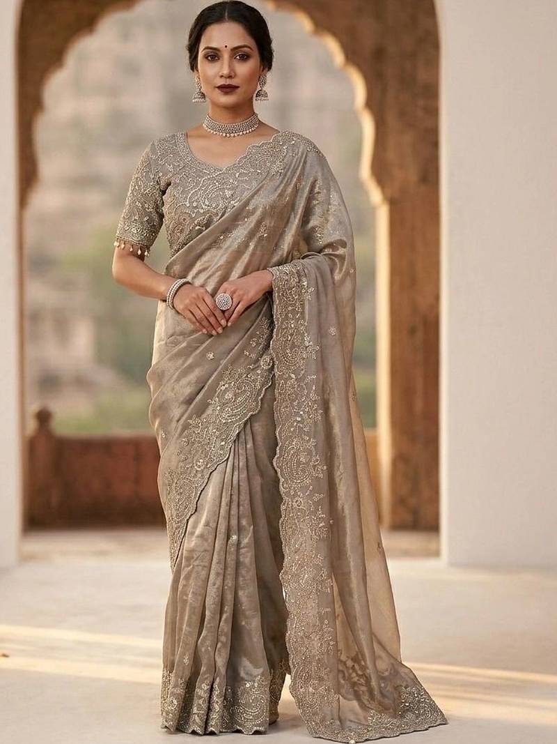 Grey paisley embroidered satin fusion saree