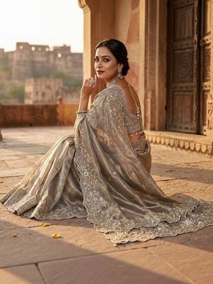 Grey paisley embroidered satin fusion saree 2
