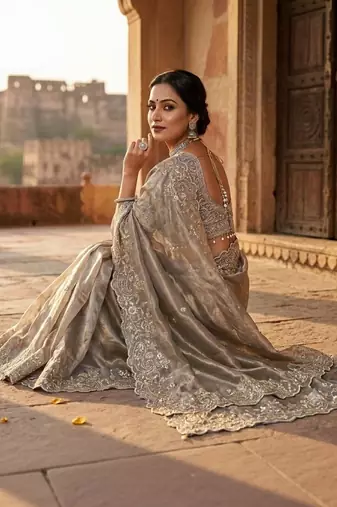 Grey paisley embroidered satin fusion saree
