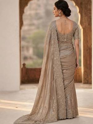 Grey paisley embroidered satin fusion saree 3