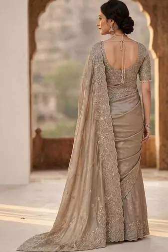 Grey paisley embroidered satin fusion saree
