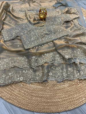 Grey paisley embroidered satin fusion saree 4