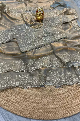 Grey paisley embroidered satin fusion saree