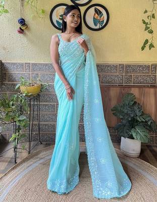 Blue embroidered sequinned saree 1