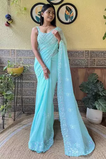 Blue embroidered sequinned saree