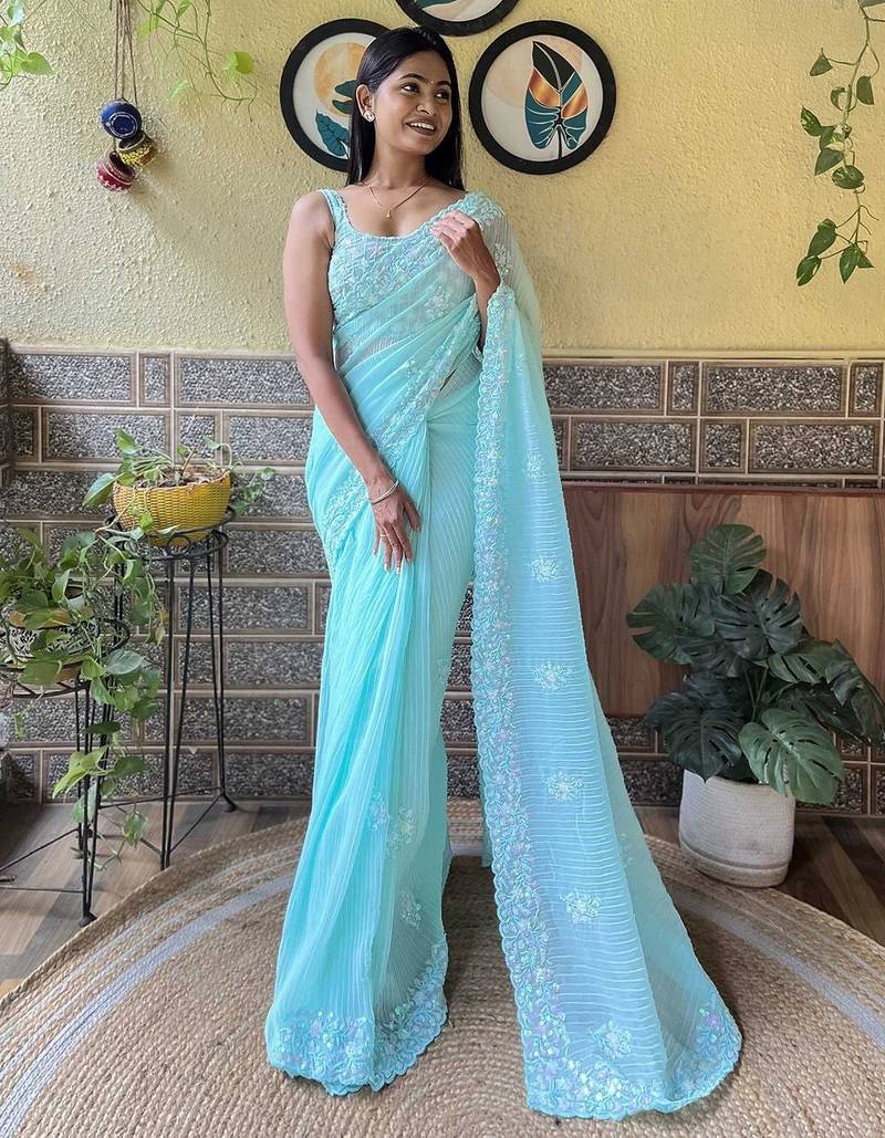 Blue embroidered sequinned saree