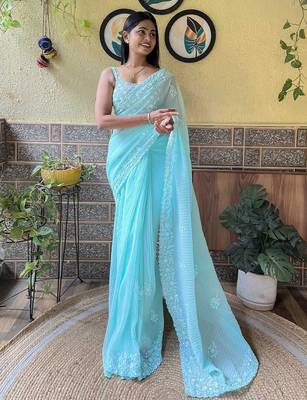 Blue embroidered sequinned saree 2