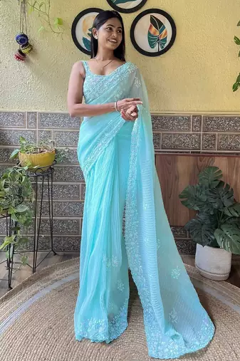 Blue embroidered sequinned saree