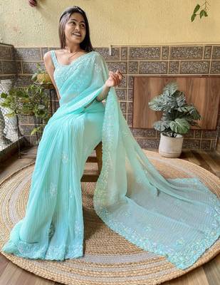 Blue embroidered sequinned saree 3