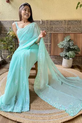 Blue embroidered sequinned saree