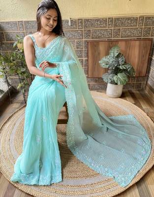 Blue embroidered sequinned saree 4
