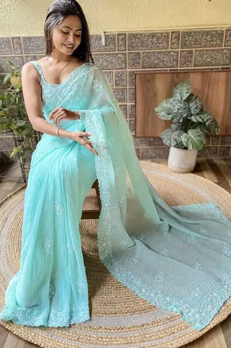 Blue embroidered sequinned saree