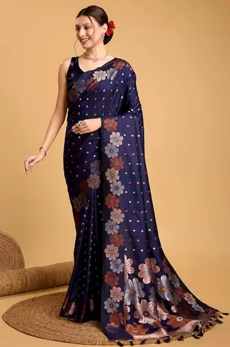 Navy blue soft silk saree with unstitched blouse piece