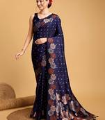 Navy blue soft silk saree with unstitched blouse piece