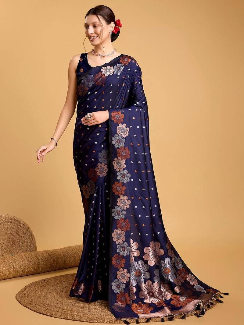 Navy blue soft silk saree with unstitched blouse piece
