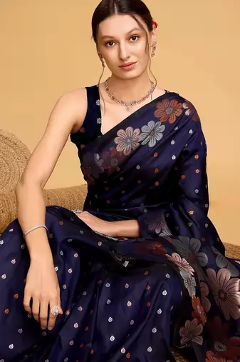 Navy blue soft silk saree with unstitched blouse piece