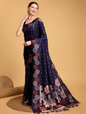 Navy blue soft silk saree with unstitched blouse piece 3