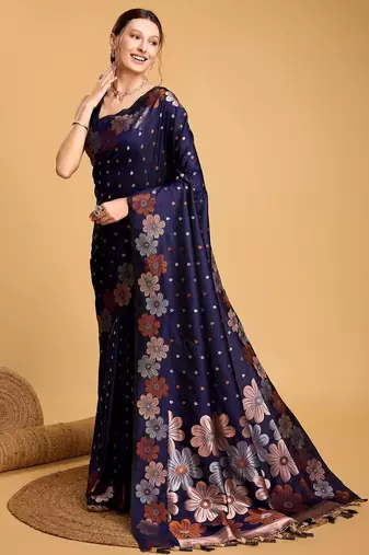 Navy blue soft silk saree with unstitched blouse piece