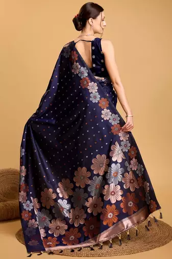 Navy blue soft silk saree with unstitched blouse piece