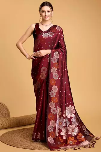 Maroon soft silk saree with unstitched blouse piece