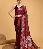 Maroon soft silk saree with unstitched blouse piece