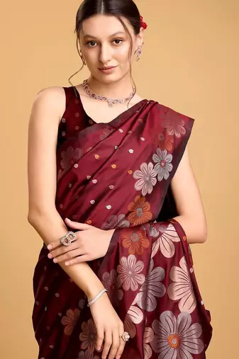 Maroon soft silk saree with unstitched blouse piece