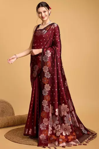 Maroon soft silk saree with unstitched blouse piece