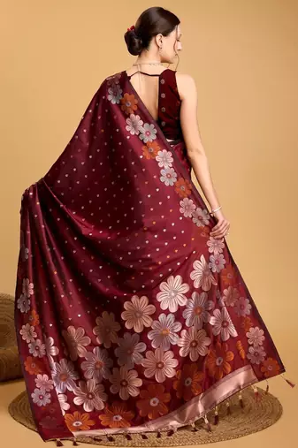Maroon soft silk saree with unstitched blouse piece