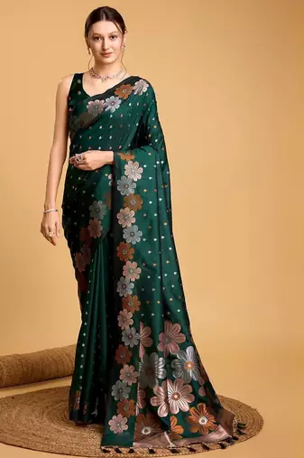 Green ethnic motif woven design zari banarasi saree
