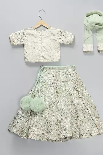 Green Embroidered Georgette Lehenga Set