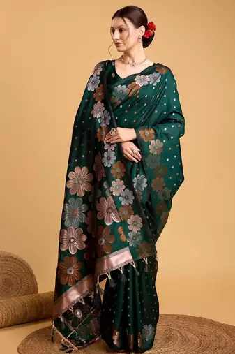Green ethnic motif woven design zari banarasi saree