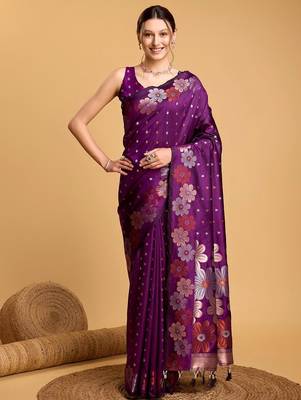 Purple woven design zari banarasi saree 1