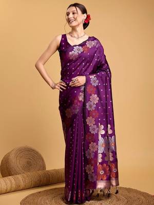 Purple woven design zari banarasi saree 2