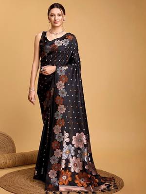 Black women  saree with unstitched blouse piece 1