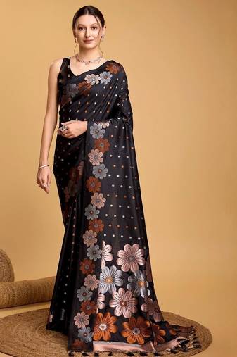 Black women  saree with unstitched blouse piece