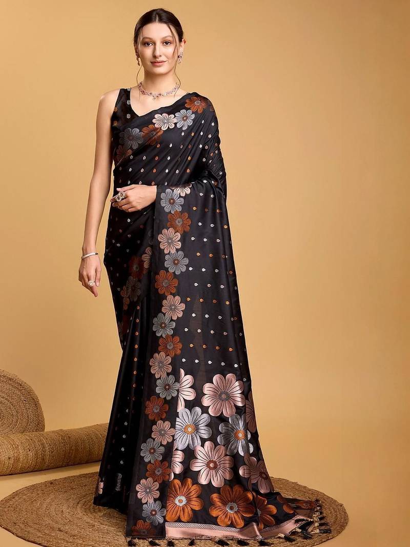 Black women  saree with unstitched blouse piece