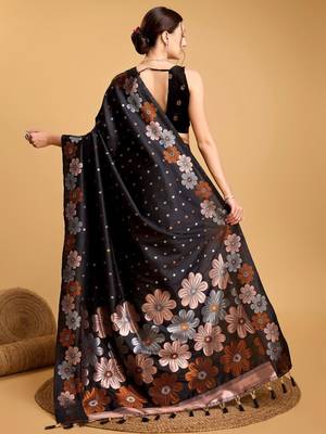 Black women  saree with unstitched blouse piece 2