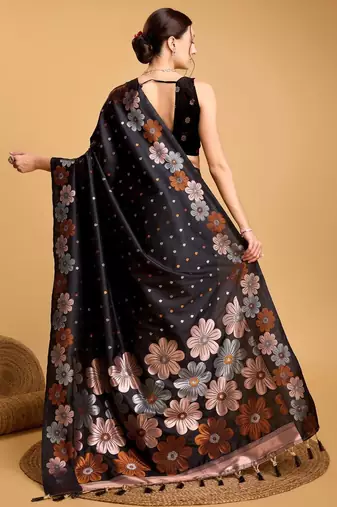Black women  saree with unstitched blouse piece