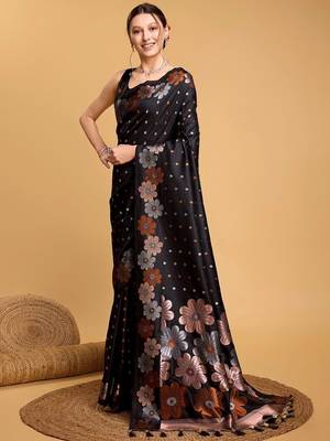 Black women  saree with unstitched blouse piece 3