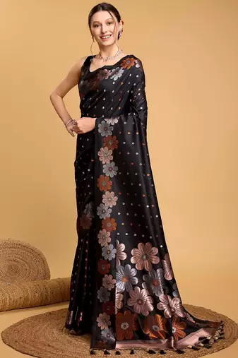 Black women  saree with unstitched blouse piece