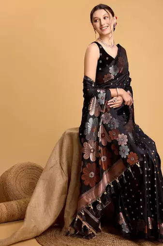 Black women  saree with unstitched blouse piece