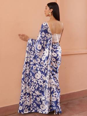 Blue floral printed saree with unstitched blouse piece 2