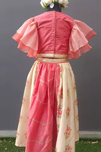 Beige Coral Printed Organza Lehenga Set