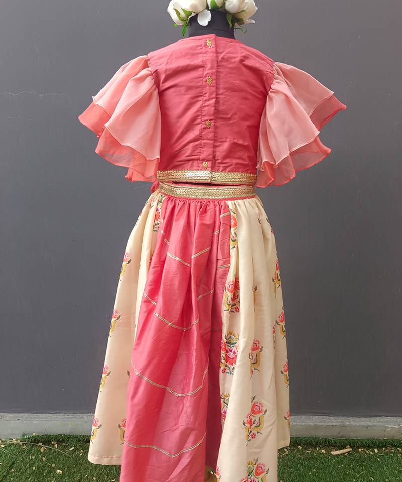 Beige Coral Printed Organza Lehenga Set
