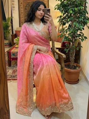 Multicolor woven design satin fusion saree 1