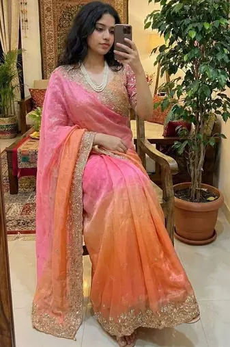 Multicolor woven design satin fusion saree